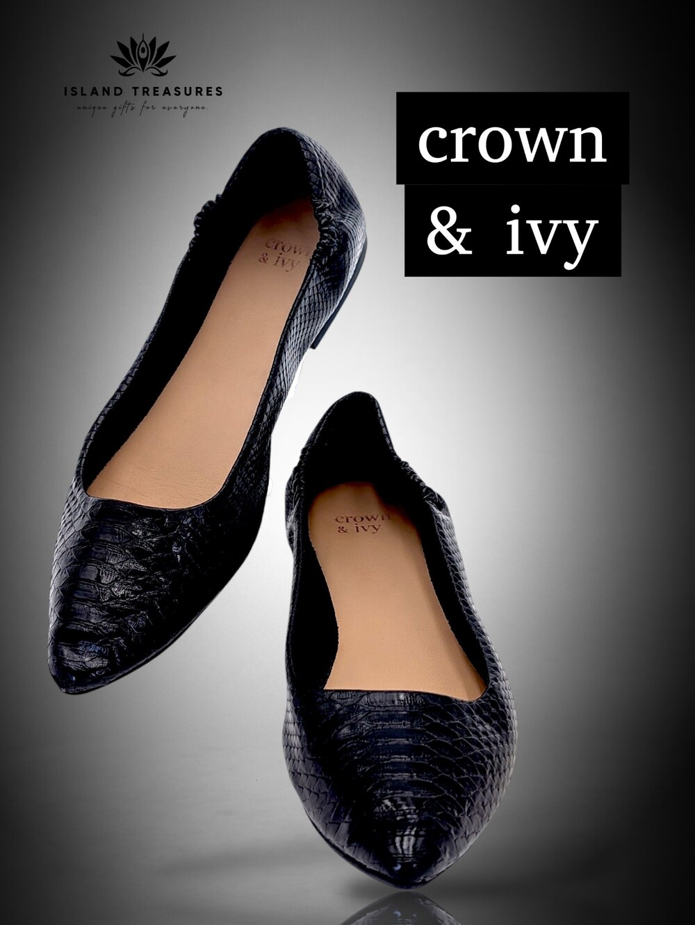 Crown & Ivy Sz 8M Jet Black Snake Embossed Ballet Flats Pointed Toe Faux Leather